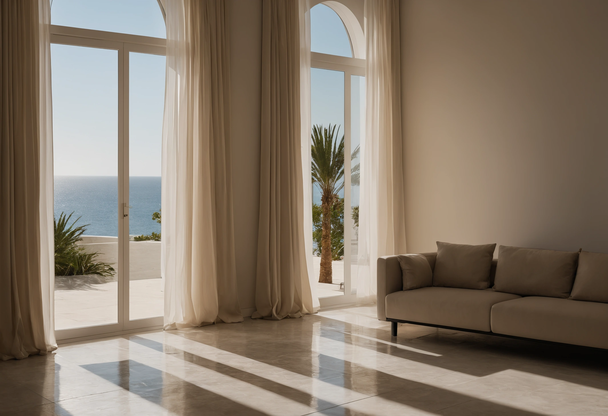 Sunlight falling across a villa living room floor in harsh midday summer conditions with strong shadow edges