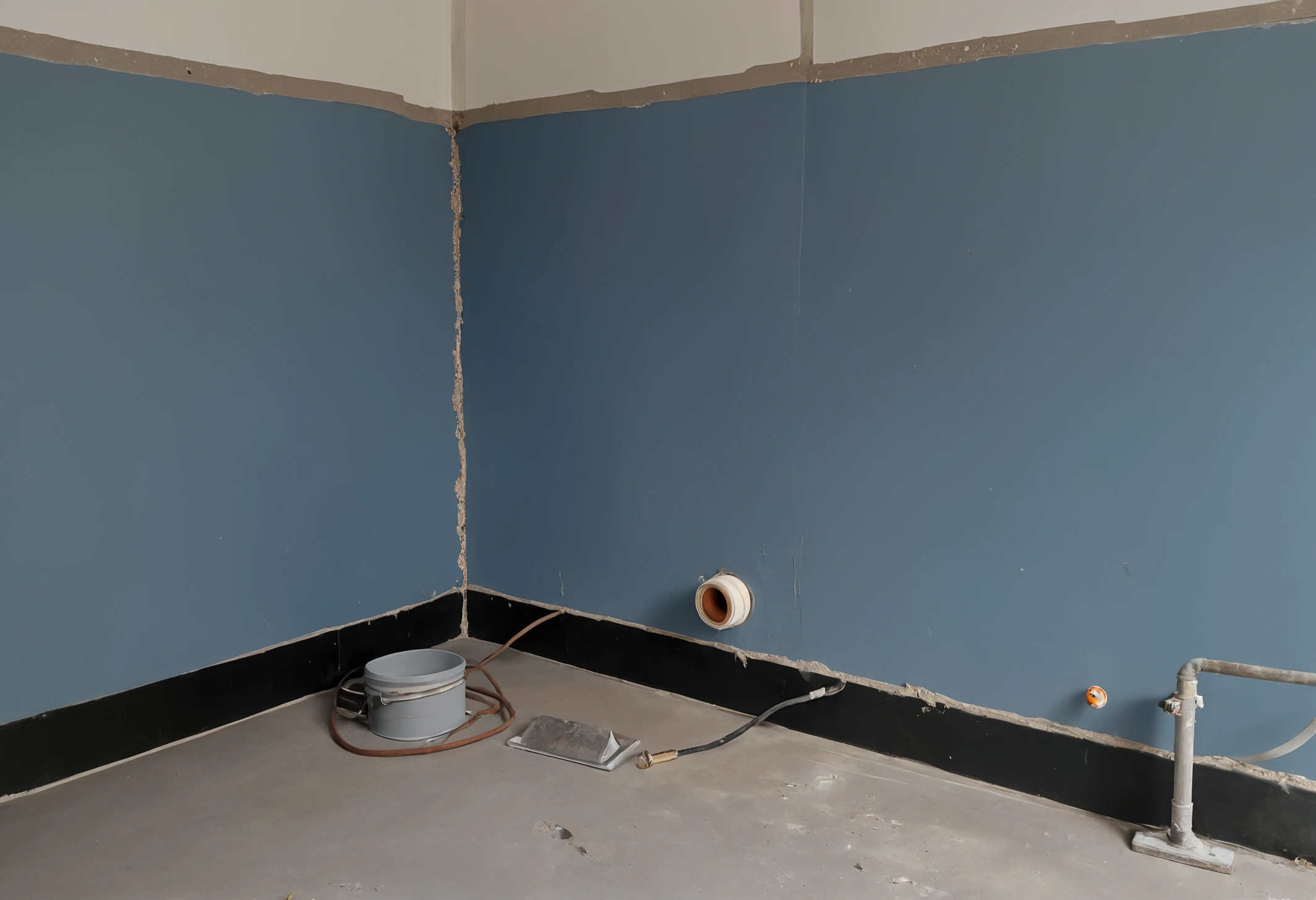 Bathroom floor stripped to the screed with liquid waterproofing membrane applied and turned up at the wall junction