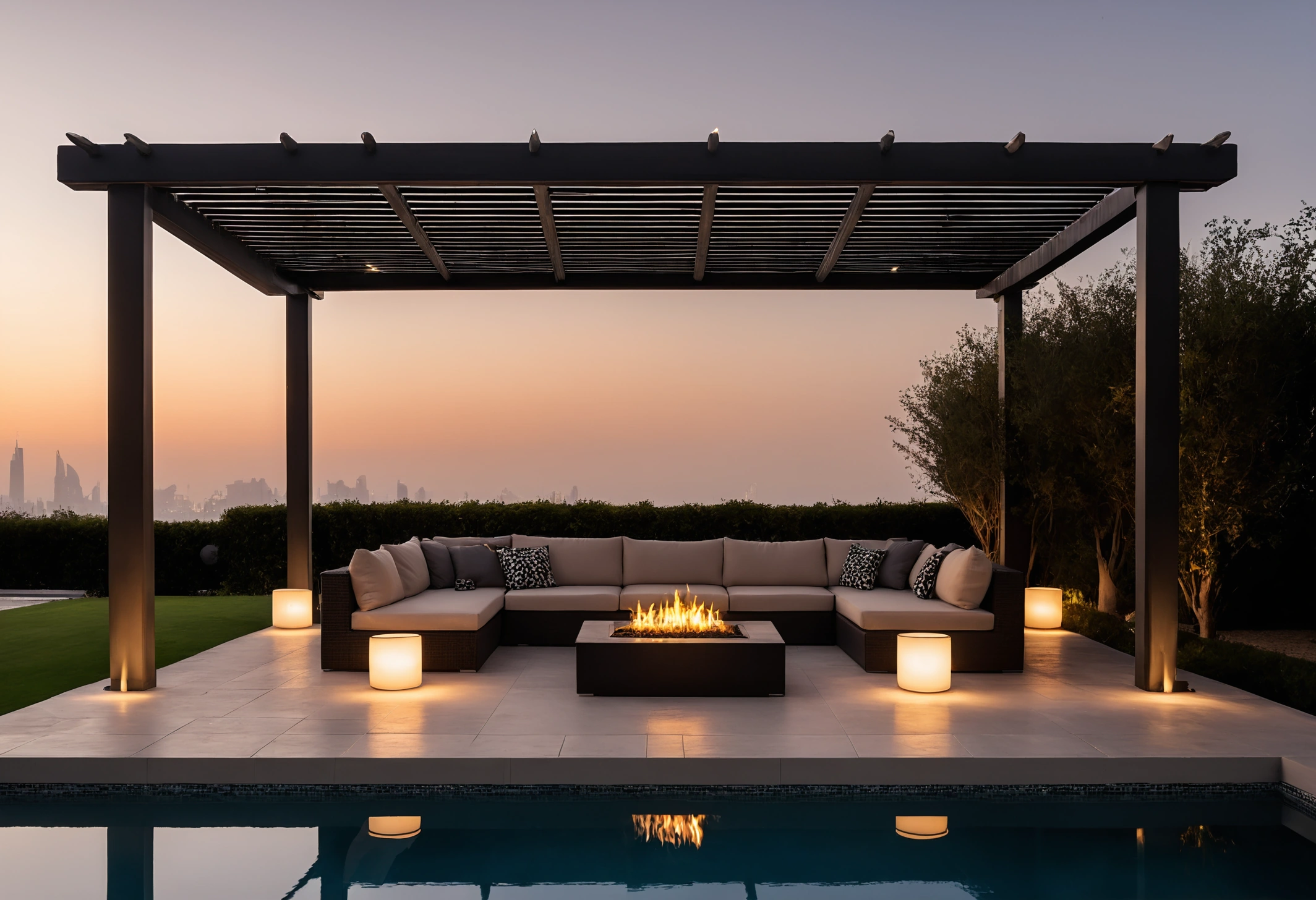 Villa terrace set for evening use in the cool season with lounge seating, low lighting and a fire feature
